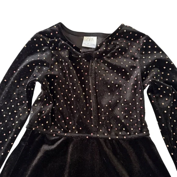 Zara | Kids Black Velvet Metallic Multicolor Dots. Long Sleeve Dress  -Size 7 - Picture 5 of 11
